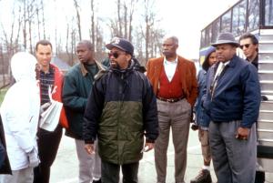 GET ON THE BUS, Roger Guenveur Smith (second from left), director Spike Lee, Ossie Davis, Charles S. Dutton, Richard Belzer, 1996, (c)Columbia Pictures